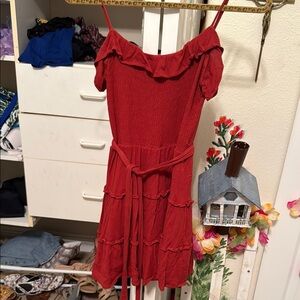 Red Off-Shoulder Kids Casual Dress